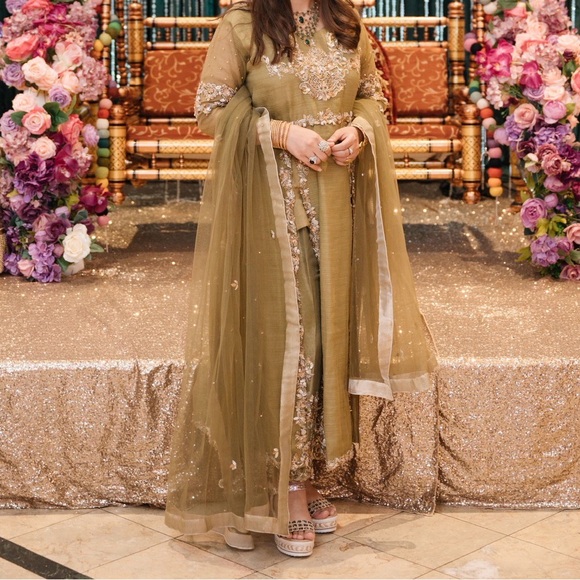 Embroidered Olive Green Formal Anarkali with Sheer Dupatta